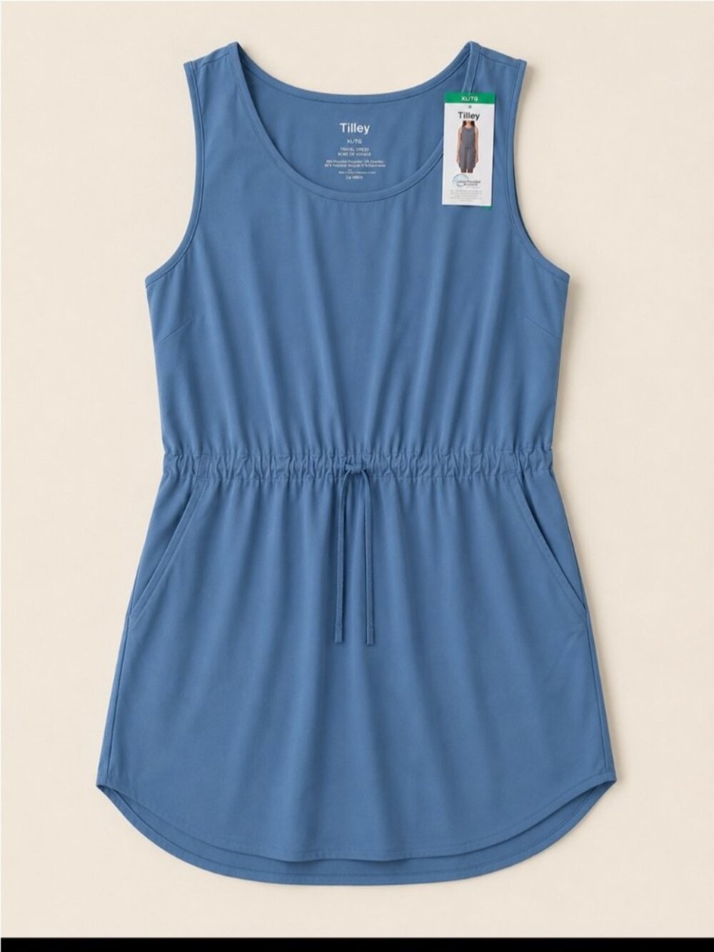 Tilley Travel Dress Woman XL Blue Sleeveless Drawstring Pocket Stretch Comfy NEW